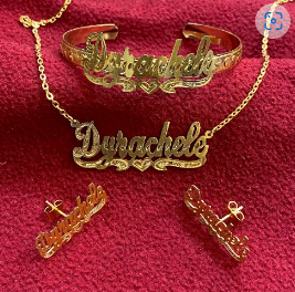 3 pc baby Personalized 14k Gold Overlay Name stud Earrings bangle and chain jewelry set