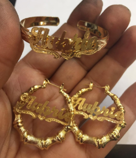 lady Personalized 14K gold overly Name earring Bangle set adjustable 2" 3" 4"