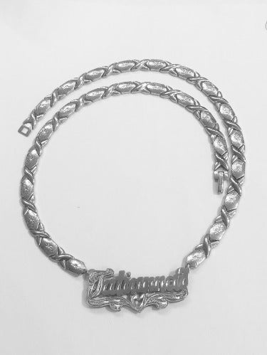 “silver personalized double name necklace with xoxo chain 3D nameplate”
