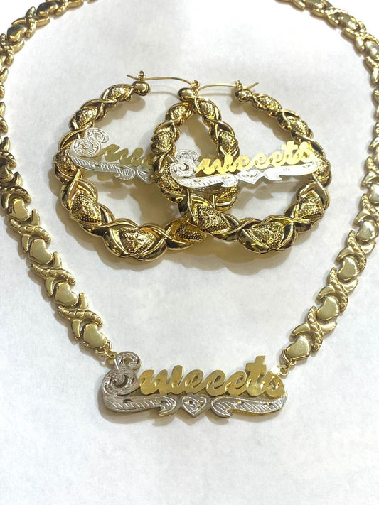 “personalized xoxo heart name necklace earrings set”